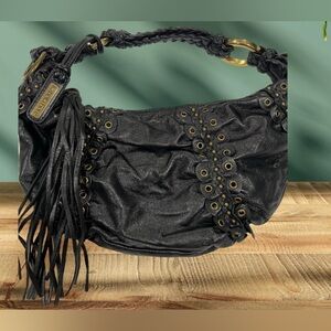 Isabella Fiore Luxurious Black Leather Boho Studded Soft Hobo Bag